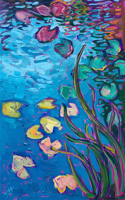 The calm, still waters of Monet's lily pond reflect a blue sky above. The water lilies appear in hues of pink, green, and yellow. Thickly applied brushstrokes placed side by side without layering capture the scene with expressive color.