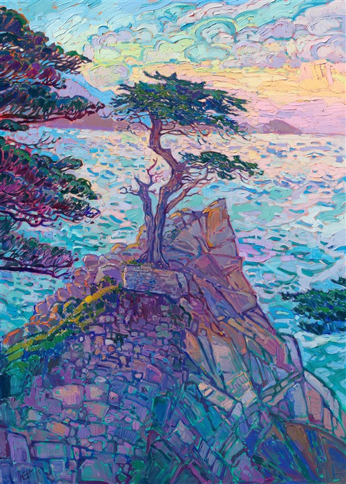 Lone Cypress on 17 Mile Drive has been painted by plein air painters and Early California painters since the dawn of Carmel's artist colony. This beloved cypress tree has a lot of history and is the most photographed and painted tree on the Monterey Peninsula. This painting by Erin Hanson captures the beautiful colors of dusk with thick, expressive brush strokes.