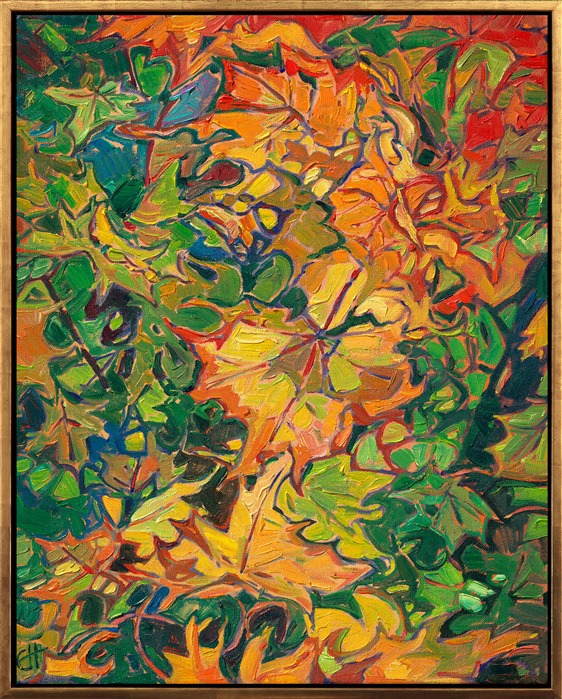 This was my first attempt at painting an abstract pile of maple leaves. I loved creating patterns of color and contrast to keep the eye continually moving through the piece. The dark shadows of the green leaves make the lighter golden leaves pop with life and vivacity. Thickly applied strokes of oil paint add dimension to the leaves.