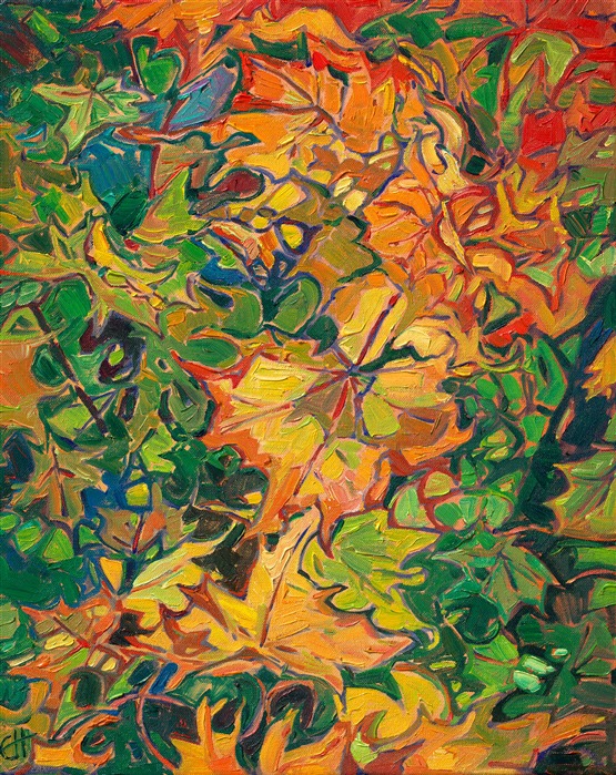 This was my first attempt at painting an abstract pile of maple leaves. I loved creating patterns of color and contrast to keep the eye continually moving through the piece. The dark shadows of the green leaves make the lighter golden leaves pop with life and vivacity. Thickly applied strokes of oil paint add dimension to the leaves.