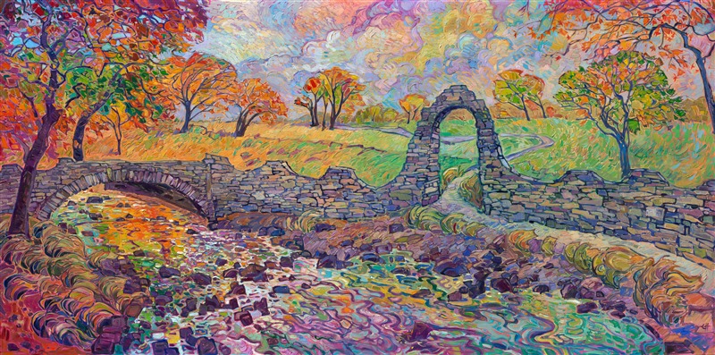 This large-scale commission was inspired by a historic stone archway and bridge in Texas. The autumn colors breathe life and color into the scene. Thick paint strokes give a sense of movement to the painting.