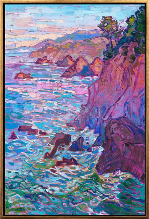 Mendocino, California, tucked away on a remote coastline in Northern California, is one of the most picturesque landscapes I have ever painted. The blend of cool and warm tones, gently rising mists, and epic rocky cliffs are a joy to paint.