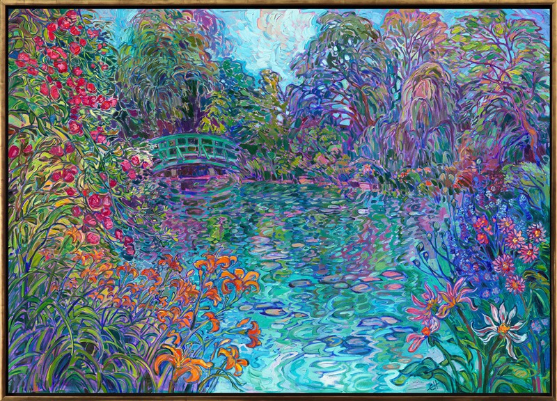 This painting immerses you into the green and blue hues of Giverny, France, capturing the iconic view of Monet's green bridge and his expansive water lily garden. I spent two days in Giverny to capture Monet's garden in different lighting and times of day. This painting celebrates the inspiration that Monet has always given me. 