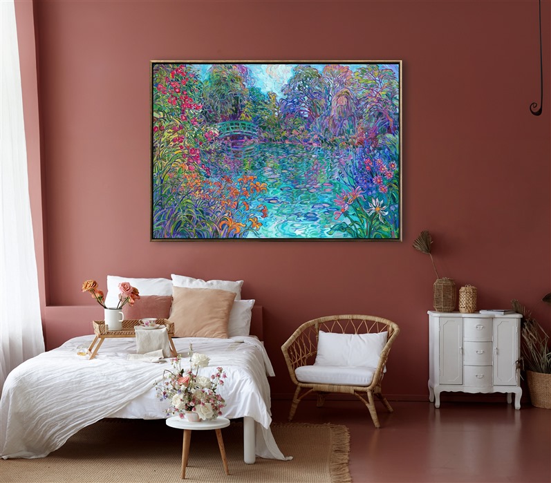 This painting immerses you into the green and blue hues of Giverny, France, capturing the iconic view of Monet's green bridge and his expansive water lily garden. I spent two days in Giverny to capture Monet's garden in different lighting and times of day. This painting celebrates the inspiration that Monet has always given me. 