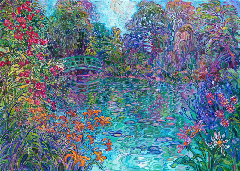 This painting immerses you into the green and blue hues of Giverny, France, capturing the iconic view of Monet's green bridge and his expansive water lily garden. I spent two days in Giverny to capture Monet's garden in different lighting and times of day. This painting celebrates the inspiration that Monet has always given me. 