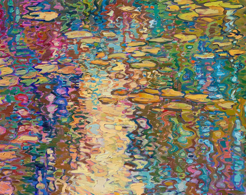 After immersing myself in the beauty of Monet's Garden and seeing his original water lily paintings in several different art museums in France, I was inspired to create my own large-scale oil painting of water lilies. After seeing his garden in person, I realized that the squiggly lines in his pieces were reflections of weeping willow trees. This made me look at water reflections in a whole new light.