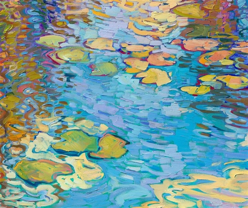 After immersing myself in the beauty of Monet's Garden and seeing his original water lily paintings in several different art museums in France, I was inspired to create my own large-scale oil painting of water lilies. After seeing his garden in person, I realized that the squiggly lines in his pieces were reflections of weeping willow trees. This made me look at water reflections in a whole new light.