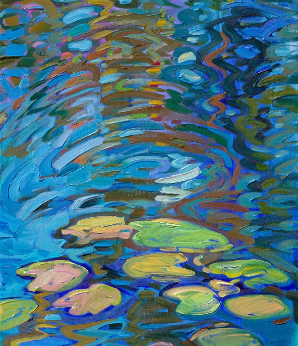 After immersing myself in the beauty of Monet's Garden and seeing his original water lily paintings in several different art museums in France, I was inspired to create my own large-scale oil painting of water lilies. After seeing his garden in person, I realized that the squiggly lines in his pieces were reflections of weeping willow trees. This made me look at water reflections in a whole new light.