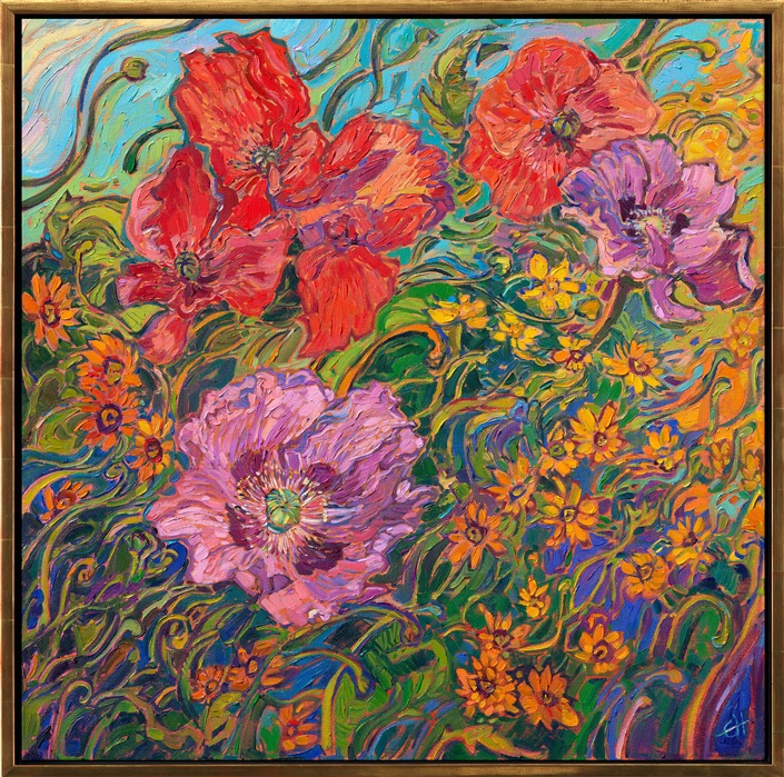 This painting captures vibrant floral hues inspired by Monet's garden. Monet's home in Giverny was bursting with color in June -- large pink and red poppies against vivid yellow and orange flowers bloomed everywhere. This abstract impressionist painting captures how Monet's garden made me feel when I saw it in person.