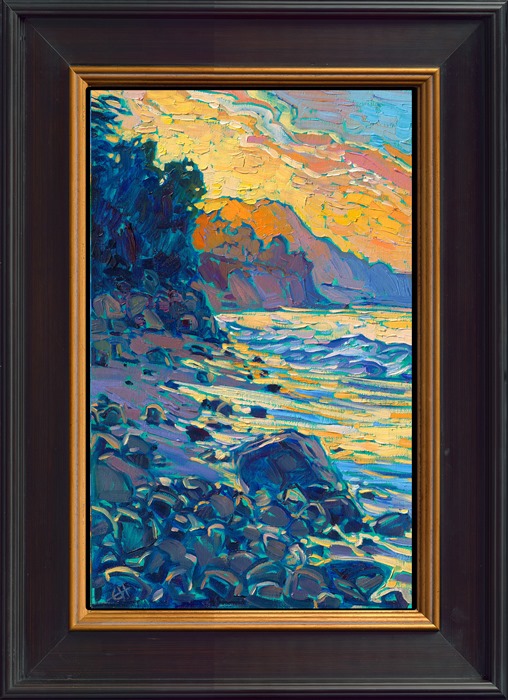 This petite work captures a beautiful sunrise seen from one of Montecito's beautiful beaches. Montecito (near Santa Barbara) has beautiful coastlines edged with dramatic boulders and elegant, long-leafed palm trees. Dodging the waves to get around a rocky outcropping (and only getting completely soaked once), I found this secluded beach and watched the sun rise over the distant mountain range.