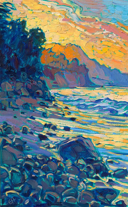 This petite work captures a beautiful sunrise seen from one of Montecito's beautiful beaches. Montecito (near Santa Barbara) has beautiful coastlines edged with dramatic boulders and elegant, long-leafed palm trees. Dodging the waves to get around a rocky outcropping (and only getting completely soaked once), I found this secluded beach and watched the sun rise over the distant mountain range.