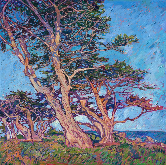 There is one grove of cypress trees near Carmel that is the most beautiful grove of cypress trees in the whole Monterey Peninsula. I visit them every time I go to Monterey. I must have painted them a dozen times already, but I love capturing their graceful branches in changing light and changing seasons. You may recognize these trees, if you find yourself driving on 17 Mile Drive.