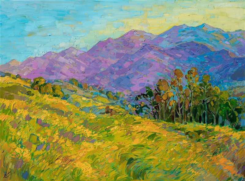 Rolling layers of yellow mustard flowers create a bed of color in this painting of southern California. The San Gabriel mountains appear royal purple in the atmosphere.  The brush strokes in this painting are loose and impressionistic, and the painting is the epitome of California color.  </p><p>This work was done on 1-1/2" canvas, with the painting continued around the edges.  It has been framed in a carved gold floating frame, and it will arrive ready to hang.</p><p>