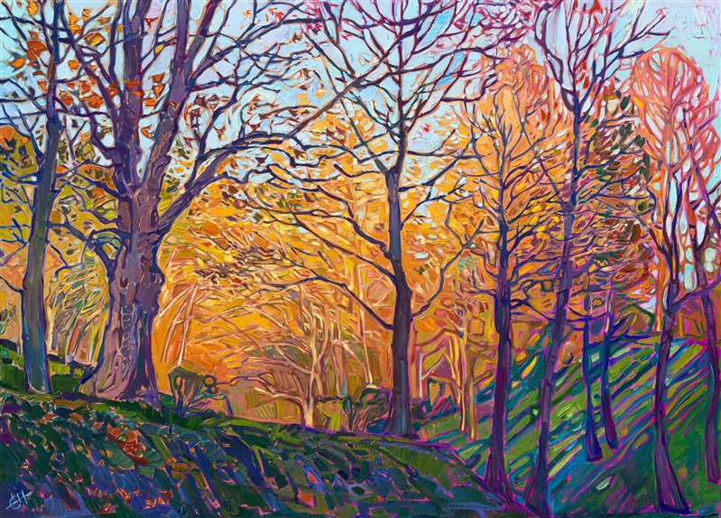 I visited New Hampshire to see the beautiful colors of autumn during peak fall color season. Colorful leaves contrasted against dark branches made for an interesting composition in this piece. I love how the early morning light accentuates the colors of fall in this painting. Thick brush strokes placed side by side create the signature stained-glass appeal of an Open Impressionism work.