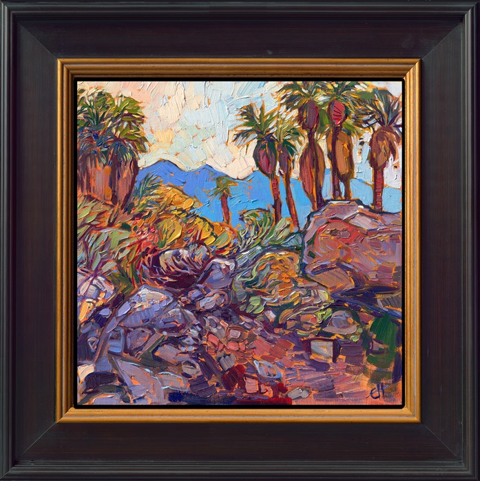 The Indian Palm Canyons are a must-visit if you are passing through Palm Springs. The first time I saw a real-live desert oasis it was almost hard to believe -- it was so green and lush compared to the arid, dusty desert all around. This petite painting captures the rocky boulders and un-manicured palm trees from Palm Canyon.