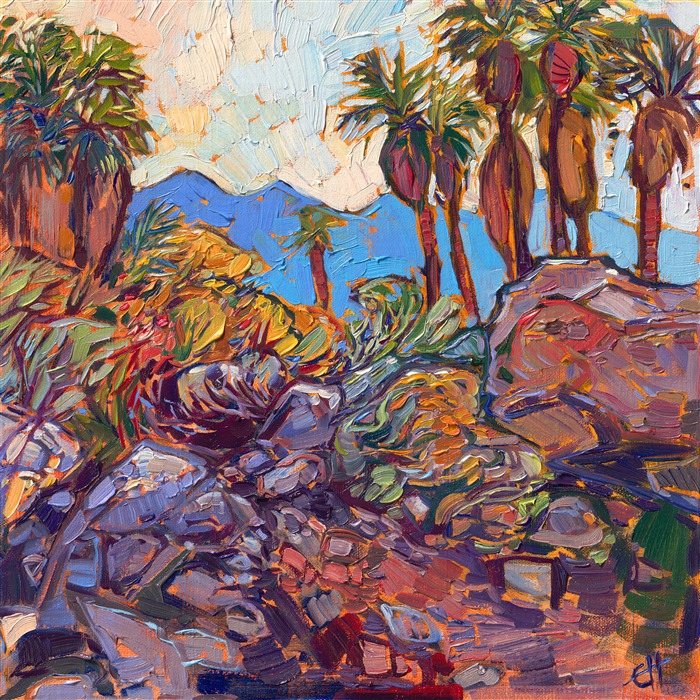 The Indian Palm Canyons are a must-visit if you are passing through Palm Springs. The first time I saw a real-live desert oasis it was almost hard to believe -- it was so green and lush compared to the arid, dusty desert all around. This petite painting captures the rocky boulders and un-manicured palm trees from Palm Canyon.