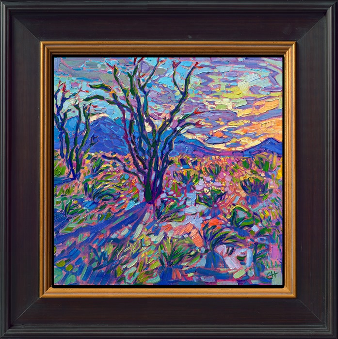 A petite canvas captures the vibrant desert colors of Borrego Springs at sunrise. Bold hues of ultramarine and dusky lavender bathe the canvas in an impressionistic light.