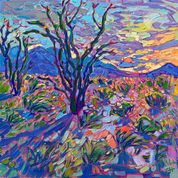 A petite canvas captures the vibrant desert colors of Borrego Springs at sunrise. Bold hues of ultramarine and dusky lavender bathe the canvas in an impressionistic light.