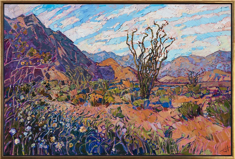 An explosion of color, this painting captures the desert superbloom in Borrego Springs. The brush strokes are loose and lively, bringing to life the movement and freedom of the wide outdoors. The original work on stretched canvas arrives framed in a gold floater frame.</p><p>This painting is being sold on consignment.