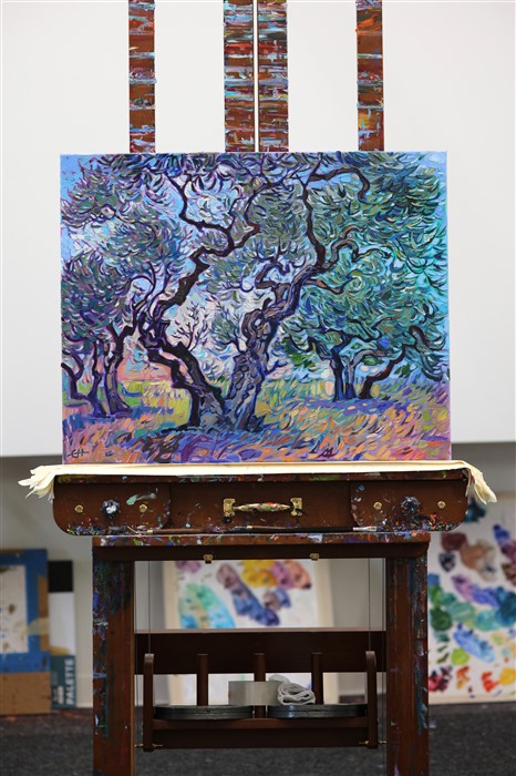 When I visited Arles to see van Gogh's stomping grounds, I went to as many olive groves as I could. I found several very old groves -- one boasted several "centennial" trees over one hundred years old. I was inspired by their gnarled branches and unique coloring, just as van Gogh was. Here is a painting of an olive grove near Arles, in southern France.