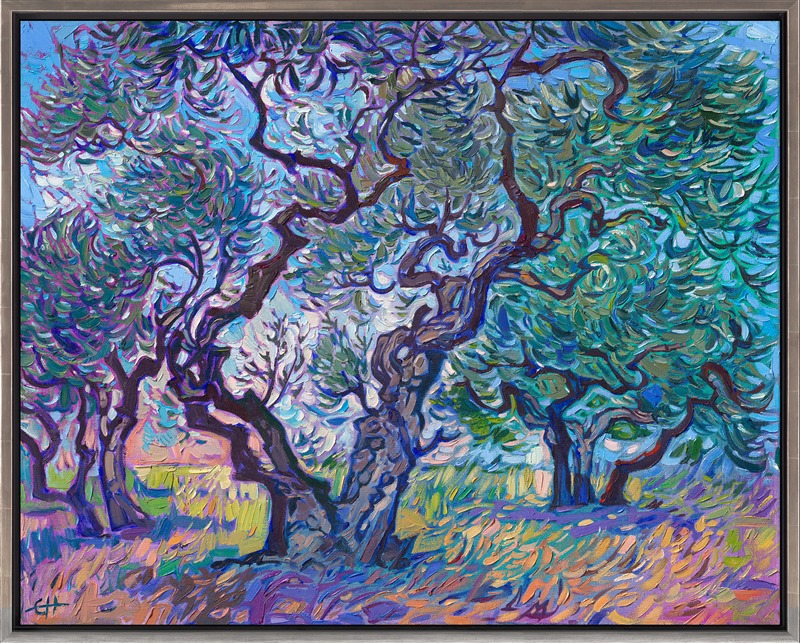 When I visited Arles to see van Gogh's stomping grounds, I went to as many olive groves as I could. I found several very old groves -- one boasted several "centennial" trees over one hundred years old. I was inspired by their gnarled branches and unique coloring, just as van Gogh was. Here is a painting of an olive grove near Arles, in southern France.