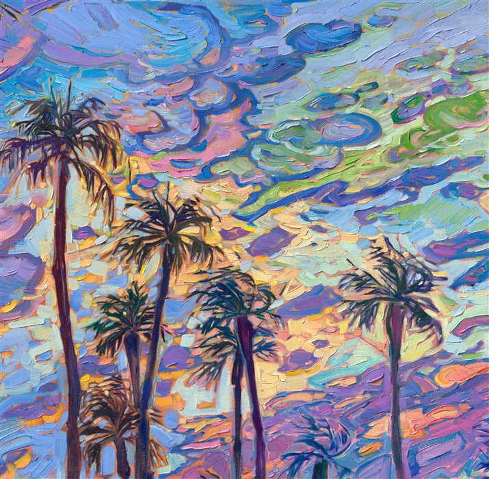 One of my favorite things about when I used to live in San Diego was watching an epic sunset changing color behind a cluster of palm trees, while looking out over the Pacific Ocean. This painting captures that poignant joy I feel when Nature is showing off for me.