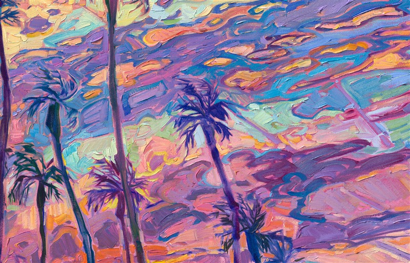 One of my favorite things about when I used to live in San Diego was watching an epic sunset changing color behind a cluster of palm trees, while looking out over the Pacific Ocean. This painting captures that poignant joy I feel when Nature is showing off for me.