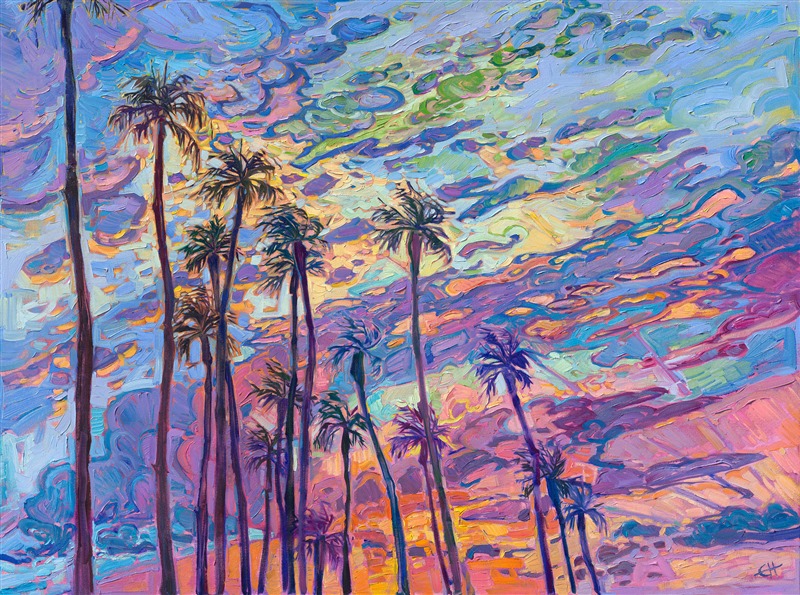 One of my favorite things about when I used to live in San Diego was watching an epic sunset changing color behind a cluster of palm trees, while looking out over the Pacific Ocean. This painting captures that poignant joy I feel when Nature is showing off for me.