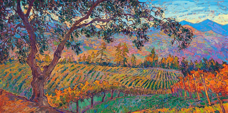 The dusky colors of autumn make Oregon wine country in October a painter's paradise. Rich hues of burgundy, blackberry, and merlot meld together in this painting to create an evocative and impressionistic view of the landscape.