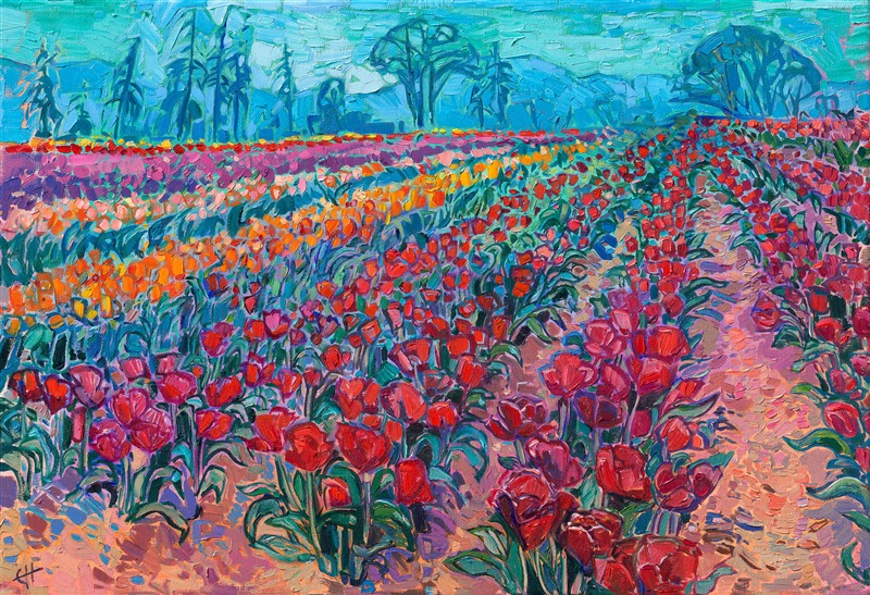 Every spring I visit Woodburn's tulip fields for the color and inspiration. Bands of vibrant blooms stretch far into the distance, with distant blue mountains all around (and sometimes even a glimpse of Mt Hood). I love capturing the structured tulip shapes and soft green colors of the leaves on canvas. 