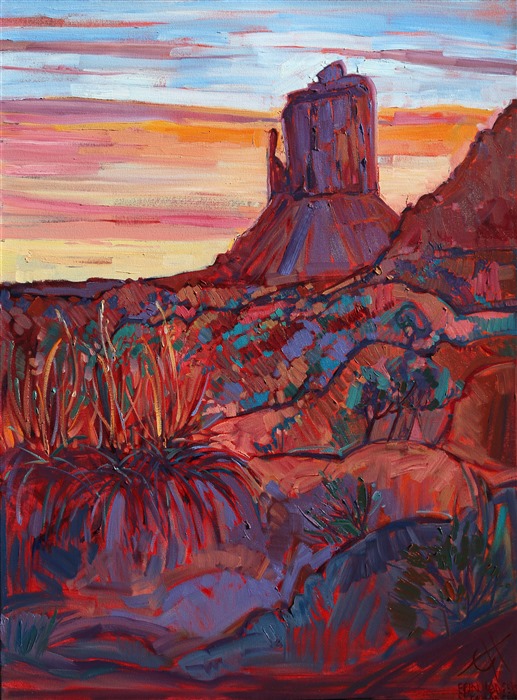 About the painting:<br/>This painting of Monument Valley captures the dark red earth and dramatic buttes against a sunset sky striped with color.  The brush strokes are loose and impressionistic, each brushstroke fitting together like a mosaic.</p><p>This painting was done on 1-1/2" canvas, with the painting continued around the edges. The painting is framed in a gold leaf floater frame to complement the colors in the piece. It arrives wired and ready to hang.</p><p>This painting was on display at the <a href="https://www.erinhanson.com/Blog?p=Art-in-Embassies-2018">Art in Embassies</a> program in Moscow. </p><p>This painting was included in the exhibition <i><a href="https://www.erinhanson.com/Event/ContemporaryImpressionismatGoddardCenter" target="_blank">Open Impressionism: The Works of Erin Hanson</i></a>, a 10-year retrospective and study of the development of Open Impressionism. The exhibition was held at The Goddard Center in Ardmore, OK.  