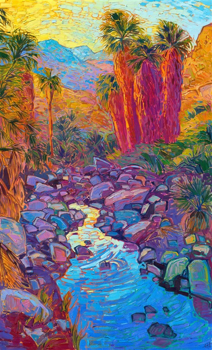 This painting captures the vivid colors of the California desert. The piece was inspired by hiking in Indian Canyons, near Palm Springs. The cool waters of the oasis contrast with the warm colors of sunset sparkling on the desert mountains beyond.</p><p>This painting is being sold on consignment.