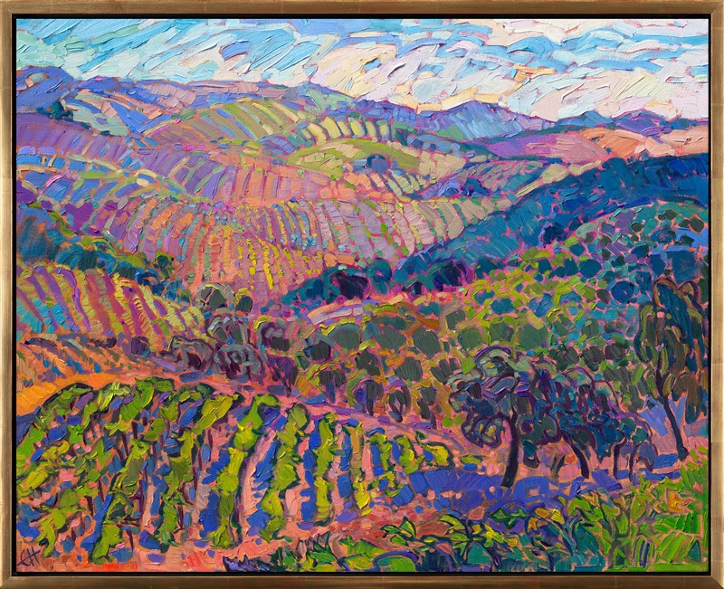 This painting of Paso Robles vines captures California wine country at its best. Perched high atop a hillside in Paso Robles, I could see far over the vineyard-covered rolling hills all around me. Laying brush strokes side by side without layering, Erin Hanson re-created the beauty and wonder of this vista in her contemporary, colorful impressionist style. This work is available for purchase as an original oil painting, 3D Textured Replica, or canvas print.