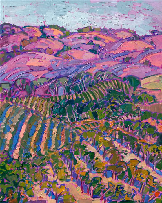 I love painting Paso Robles' rolling hills and rows of vineyards. I still remember the first time I saw the perfectly rounded peaks catching the first light of dawn. It almost seemed like a fairytale land. This painting captures the idyllic nature of central California's wine country.