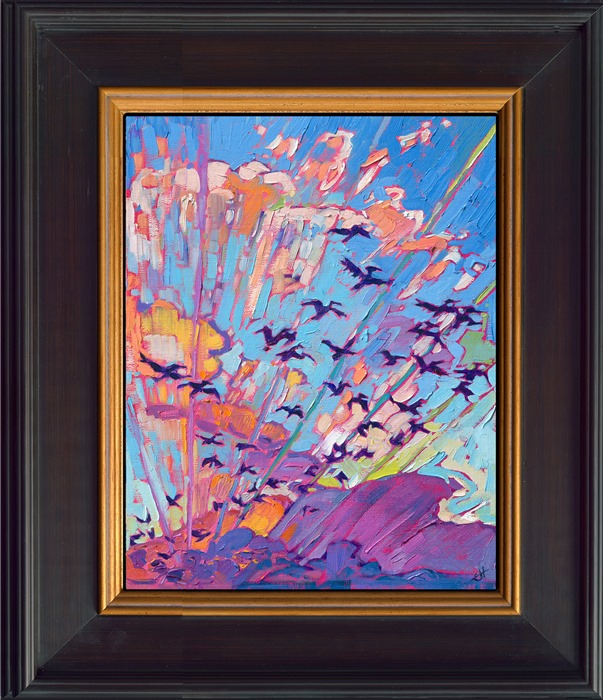 I was enjoying a sunset at Cannon Beach in Oregon, when a flock of pelicans began flying through the air above me, obviously as entranced with the vivid colors as I was. This painting captures the moment with thick brushstrokes of oil paint.