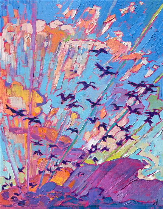 I was enjoying a sunset at Cannon Beach in Oregon, when a flock of pelicans began flying through the air above me, obviously as entranced with the vivid colors as I was. This painting captures the moment with thick brushstrokes of oil paint.