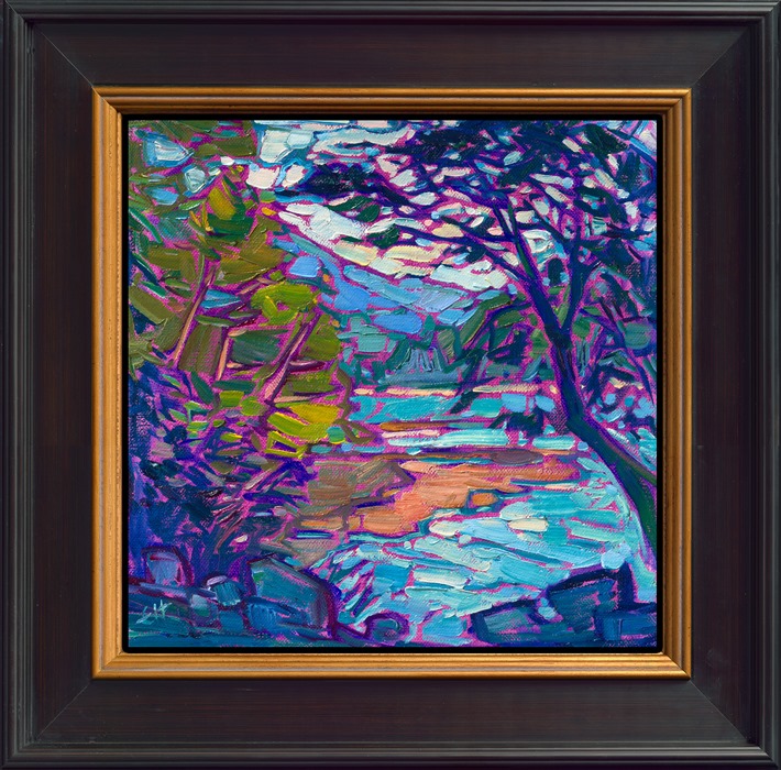 Layers of blue and green form this petite vista of blue lake waters peeking between the trees, with distant mountains blue in the background. The oil paint is applied in thick, expressive strokes, capturing the mosaic quality of the light.