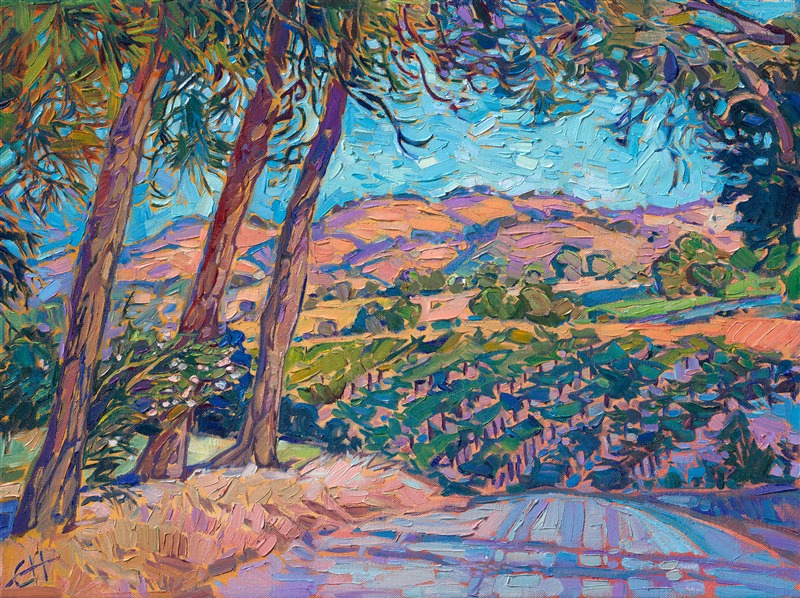 Driving through the winding roads of Paso Robles never fails to inspire me to paint... I love sunrise and sunset the best, when the summer-burnt hills turn hues of raspberry and orange sherbet. The curving rows of vineyards draw you into the painting, while the overhanging redwoods frame the piece, making it feel secluded and personal.