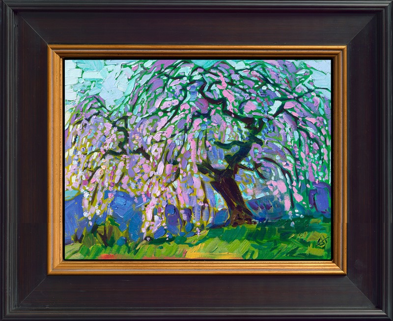 The weeping cherry trees of Kyoto, Japan, are captured on a petite canvas by American impressionist Erin Hanson, creator of Open Impressionism. This small work captures the beauty of the pink cherry blossoms and the graceful, ancient branches of this famous tree.