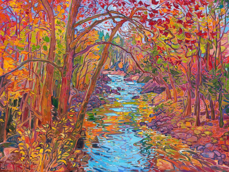 Reflected pools of light swirl beneath the autumn hues of gold and green. An October blue sky peeks between the branches of fall-colored leaves. Thick brush strokes of oil paint capture the movement and poignant beauty of the scene. Erin's unique style of Open Impressionism involves placing brush strokes side-by-side without blending, creating a mosaic of color and texture across the canvas.