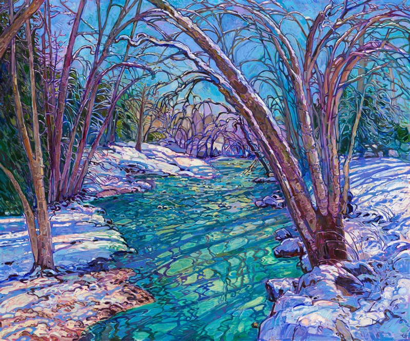 Long shadows drape patterns of light and dark across the snow-covered earth and still river bed. Hanging tree boughs leave waving reflections in the water that look like tiles of stained glass. This painting captures the tranquil beauty of winter. 