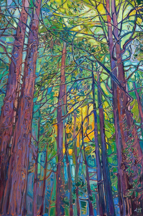 I love driving through the redwood forests on my way to Mendocino. Quiet rays of slanting light filter through the ancient trees, transforming the landscape so that it feels like I am in another world. This painting captures the beautiful colors of California's redwood forests.