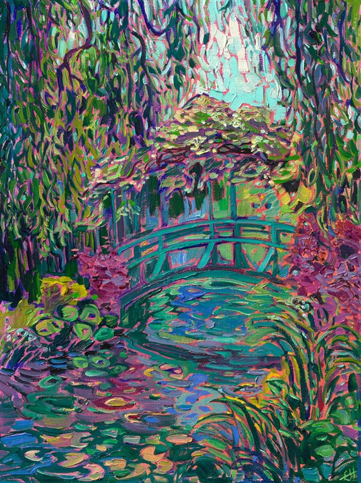 I visited Monet's garden several times during my recent visit to Giverny, France. I loved seeing Monet's water lily pond in different light, at different times of day. Everything was lush and green, and Monet's turquoise-painted bridge fit right into the landscape.