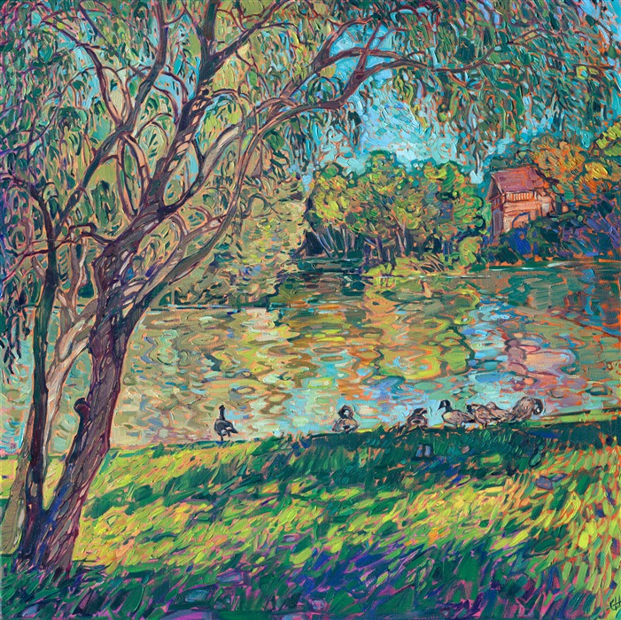 I visited France last year to follow in the footsteps of Monet and van Gogh. I spent a day in Vetheuil, a small town near Giverny, where Claude Monet lived and painted for a time. Everywhere I looked, I saw a painting before my eyes. I discovered this scene down a short trail down to the Seine river, where I saw a family of geese enjoying the early morning light. The landscape was filled with delicate hues of blue and green, and I was inspired to capture the magic of the scene with my brush.