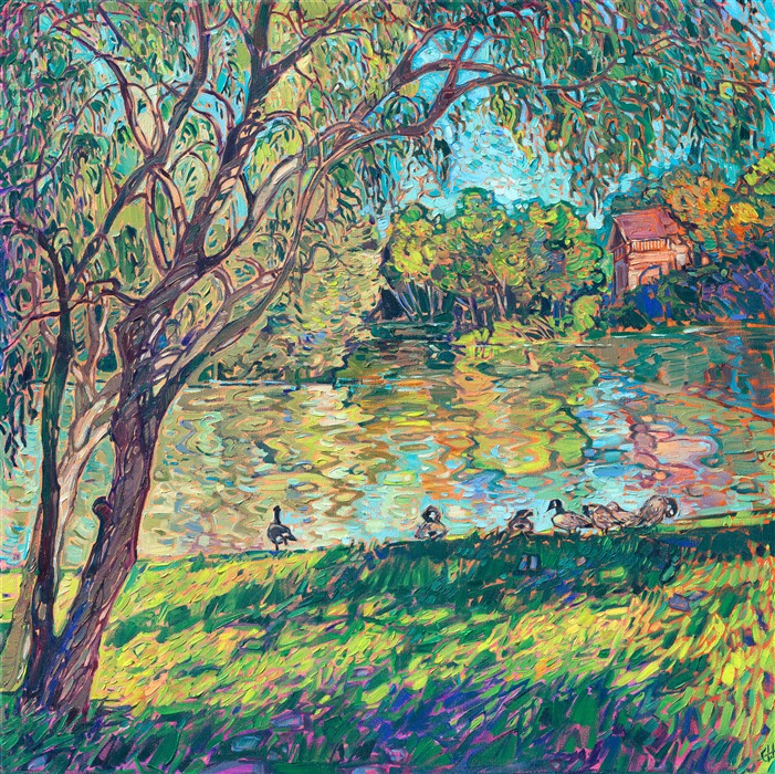 I visited France last year to follow in the footsteps of Monet and van Gogh. I spent a day in Vetheuil, a small town near Giverny, where Claude Monet lived and painted for a time. Everywhere I looked, I saw a painting before my eyes. I discovered this scene down a short trail down to the Seine river, where I saw a family of geese enjoying the early morning light. The landscape was filled with delicate hues of blue and green, and I was inspired to capture the magic of the scene with my brush.