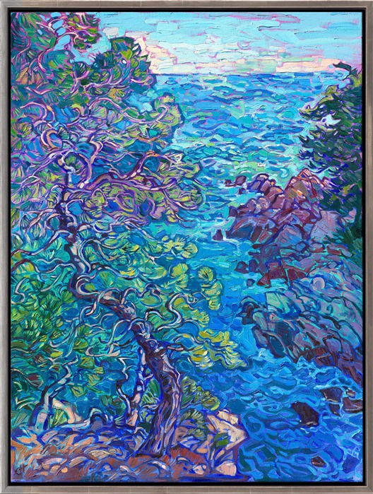 With warm Mediterranean winds blowing in my face, I explored the rocky coastline of the French Riviera. Aqua blue waters and wind-bend pine trees completed the experience. This painting captures the movement and beauty of the scene.