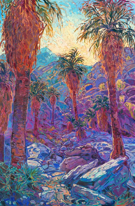 This painting of Indian Canyon Palm Oasis captures the majestic beauty of Palm Springs' famous desert oases. Rich hues of purple and burgundy will bring drama and natural beauty to any room. Thick brush strokes of oil paint create a mosaic-like pattern of color and texture across the canvas, creating a sense of motion within the piece.