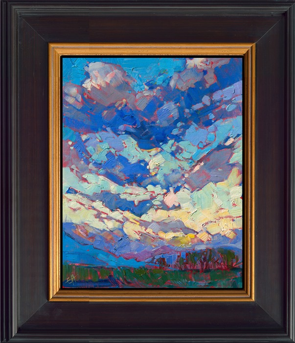 Ultramarine clouds hang low over the horizon, creating dramatic patterns of light and shadow across the sky. The thickly applied brush strokes in oil add dimension and excitement to the piece.