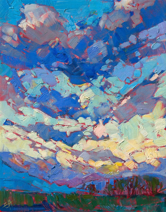 Ultramarine clouds hang low over the horizon, creating dramatic patterns of light and shadow across the sky. The thickly applied brush strokes in oil add dimension and excitement to the piece.