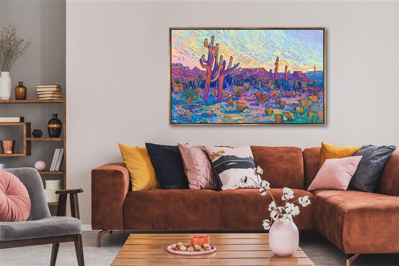 This painting of Arizona saguaros celebrates the vibrant colors of the southwest. The thick, impressionistic brush strokes create a mosaic of color and texture across the canvas, pulling your eye through the painting so that you become immersed in imagination.</p><p><b>Did you know…?</b></p><p>* The average saguaro has a lifespan of 150 to 175 years. Biologists believe that some may live for over 200 years.</p><p>* Because of their slow growth, a saguaro often takes 50 to 70 years to grow their first arms. By the time they are 100, they typically have several arms.</p><p>* The oldest recorded saguaro grew over 40 feet tall and had 52 arms.<br/>_____ </p><p>This painting was exhibited at <i>Erin Hanson: Landscapes of the West </i> solo museum exhibition at the Sears Art Museum in St. George, Utah.